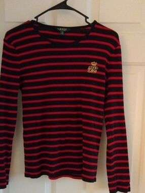 Ralph Lauren Navy and Red Striped Long-Sleeve Tee with Crest